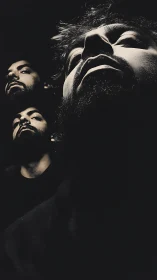 Low-key triptych portrait under extreme upward perspective.