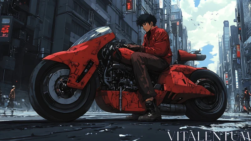 Rider on red futuristic motorcycle in dense urban street.