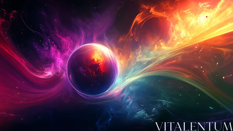 Cosmic rainbow currents swirl around a glowing newborn world.