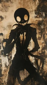 Shadowy grinning figure dominates distressed sepia backdrop