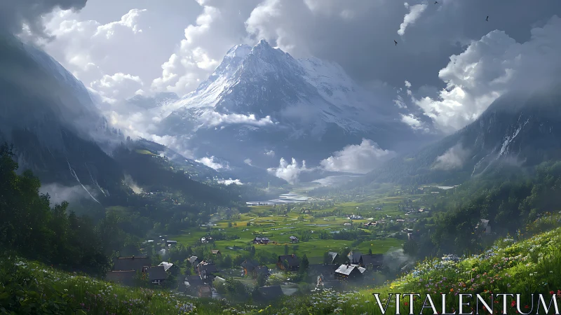 Mountain valley village sits below towering snow peaks