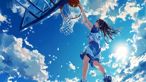 Dynamic low-angle anime illustration captures a skyward dunk