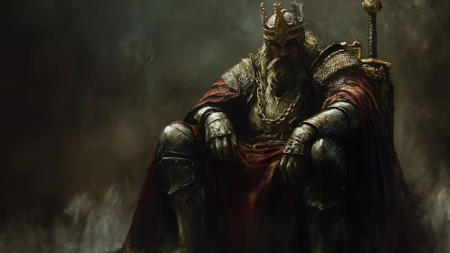 Battle-weary king in tarnished armor slumps upon a somber throne.
