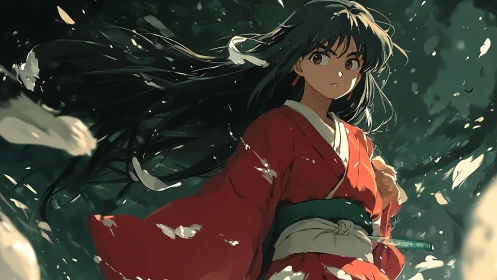 Anime warrior girl strides through swirling forest light.