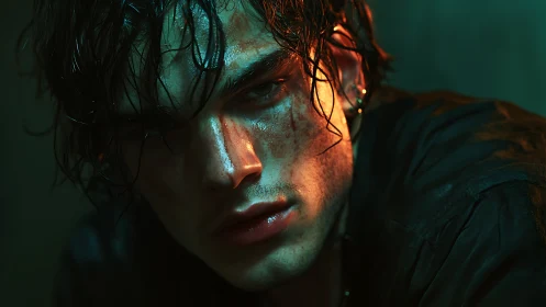 Cinematic closeup portrait under teal and amber rim lighting