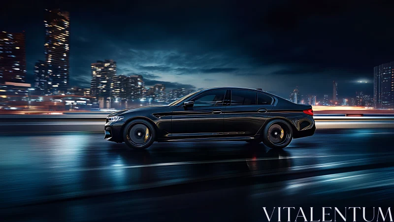 Midnight black sedan slicing through neon city rain. Period.