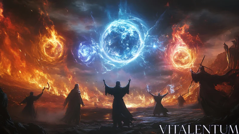 Robe clad sorcerers channel vast fiery and icy orbs