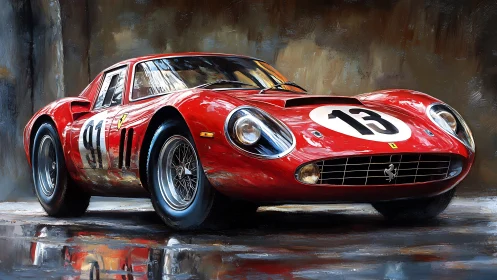 Red vintage GT race car in oil-painted wet paddock scene