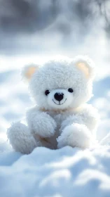Snowy white teddy bear soaking up soft winter sunshine.
