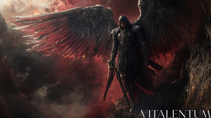 Winged armored figure in dark rocky, smoke-filled chasm.