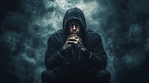 Hooded figure in low key chiaroscuro amid volumetric smoke fields.