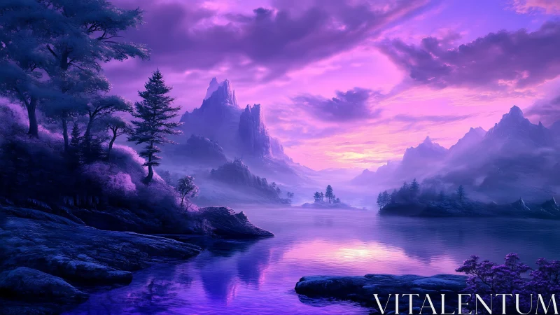 Violet fantasy mountains around calm reflective lake at dusk.