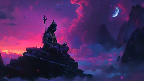 Cosmic meditating deity rests beneath a vivid magenta sky.