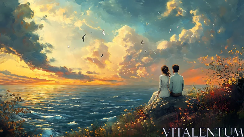 Two Figures Observing Seascape Sunset with Atmospheric Cloud Formations.