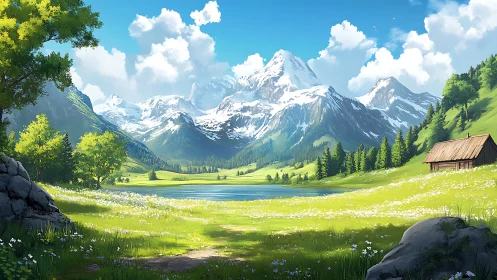 Sunny alpine meadow lake with snowcapped mountain panorama