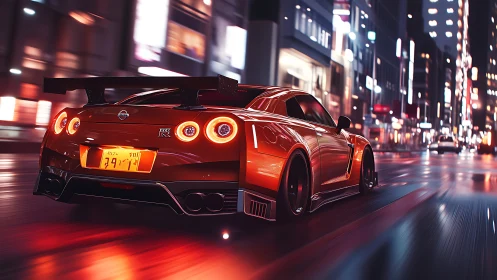 Red Nissan GT-R races through wet neon Tokyo street