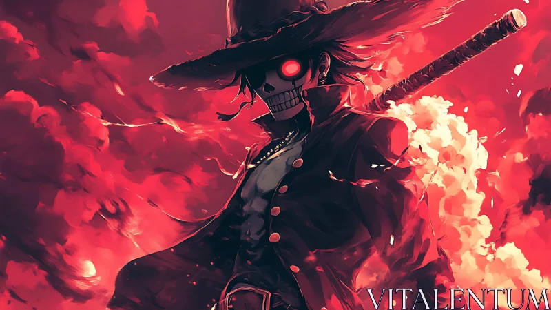 Flaming skeletal swordsman with glowing eyes in dynamic red cloudscape