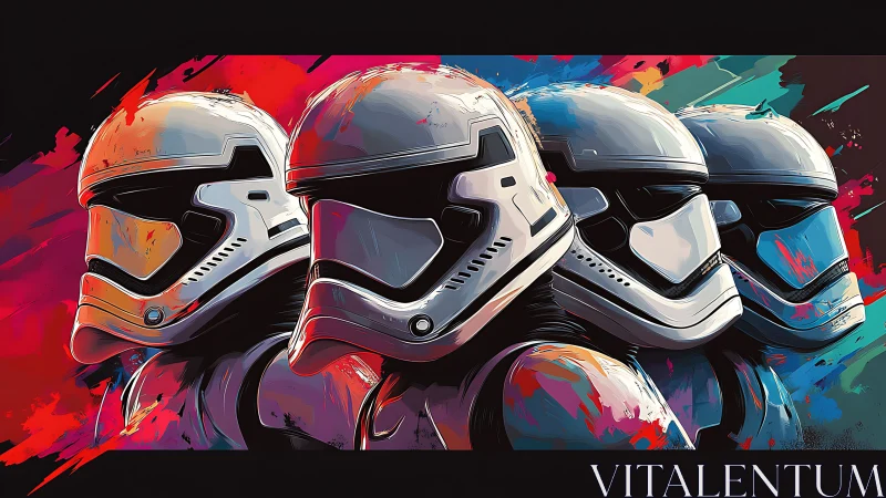 Helmeted sci-fi soldiers in stylized lineup against colors.