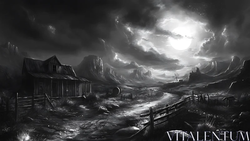 Moonlit desert homestead under storm clouds at night.