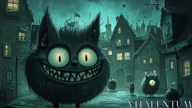 Nightmare feline specter in teal-lit crooked city street.