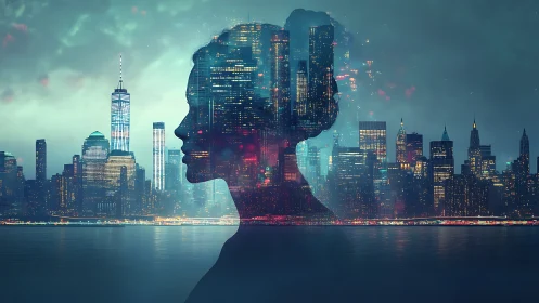 Urban neural silhouette integrating luminous city topology.