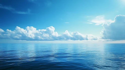 Open ocean horizon under cumulus cloud bank and clear sky