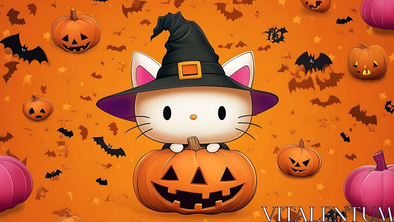 Cat in Witch Hat on Jack-o'-Lantern Against Orange Background.