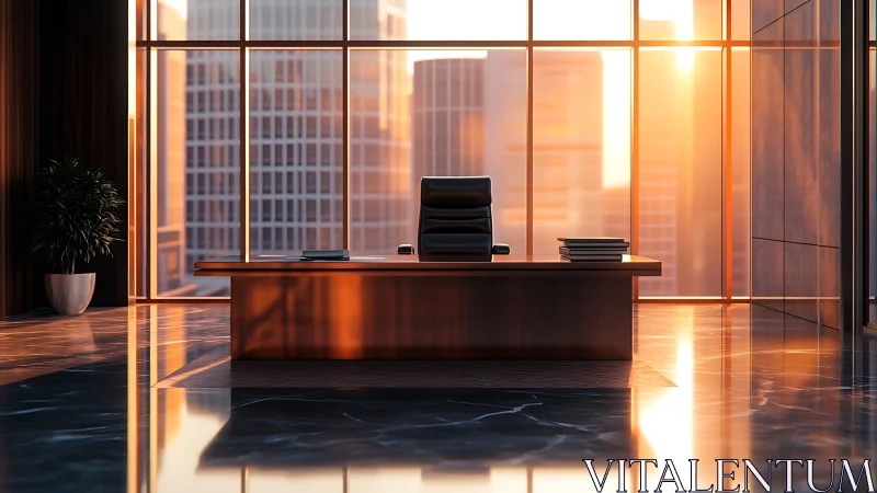 Modern executive office bathed in golden sunset light from floor-to-ceiling windows