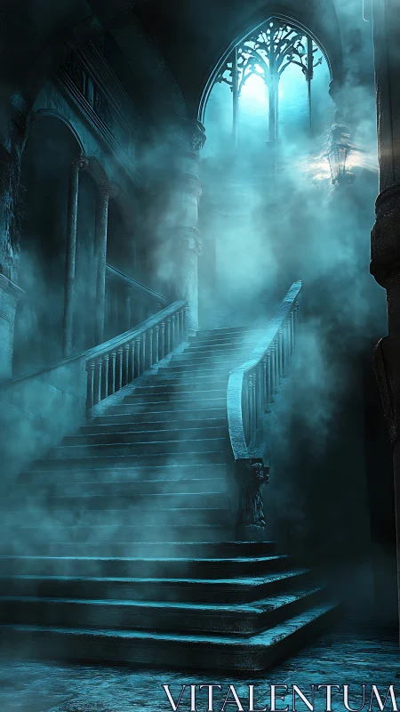 Haunted stone staircase rises through cold blue mist