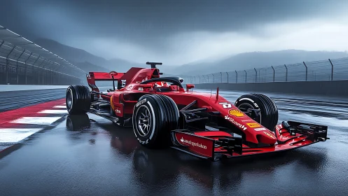Red Formula 1 race car stands on wet racetrack under rain
