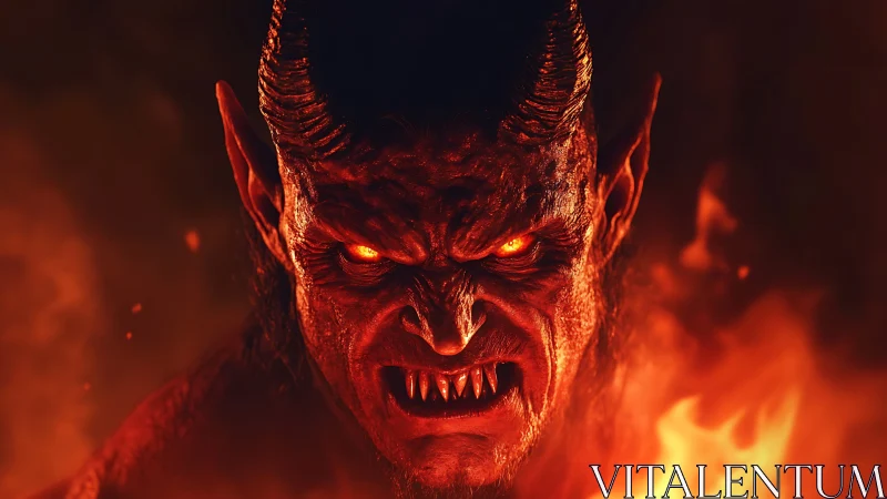 Demonic horned entity emerges from infernal flames in darkness