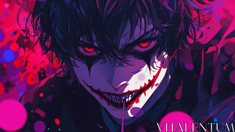 Sinister red eyed trickster in neon soaked anime portrait.