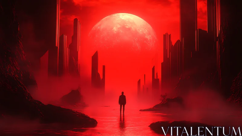Lone wanderer crosses crimson megacity beneath burning moon.