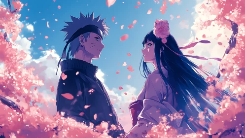 Anime couple stands amid cherry blossoms under luminous sky
