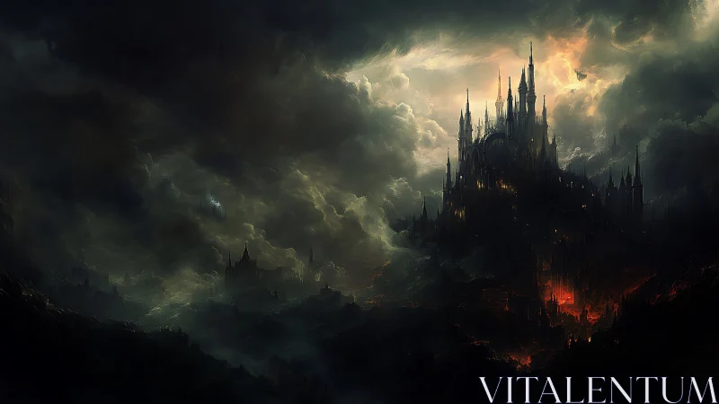 Stormlit dark fortress rising above a glowing fiery valley.