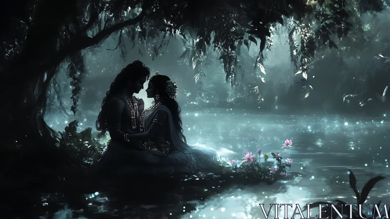 Divine couple sits by glowing forest river under moonlit mist
