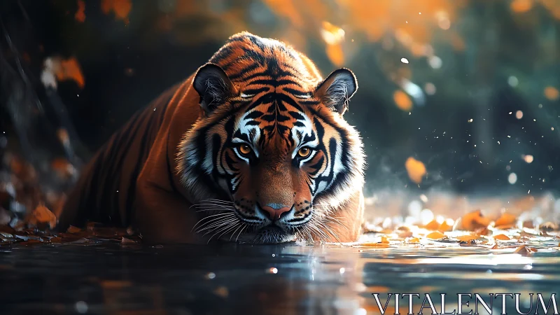 Autumn-lit tiger cooling in tranquil forest water.