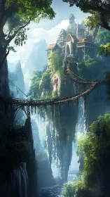 Misty cliffside citadel with suspended wooden skybridge.