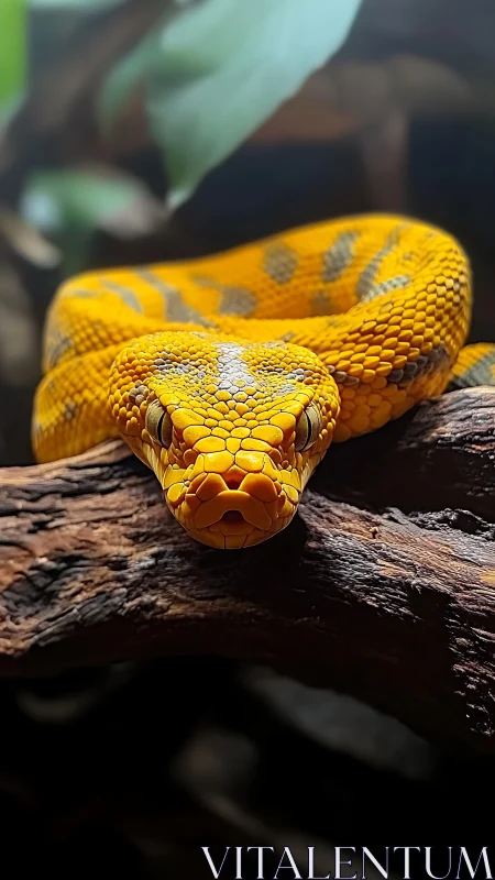 Golden python resting calmly on sunlit forest branch.