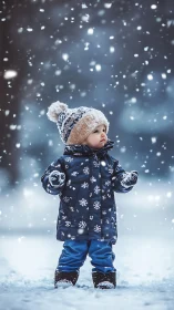 Child in snowy winter landscape surrounded by falling snowflakes.