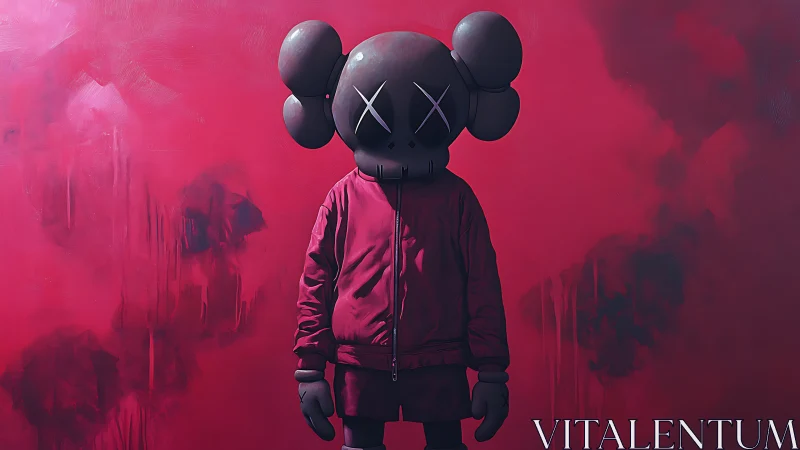 Monochrome vinyl mascot stands against textured crimson backdrop