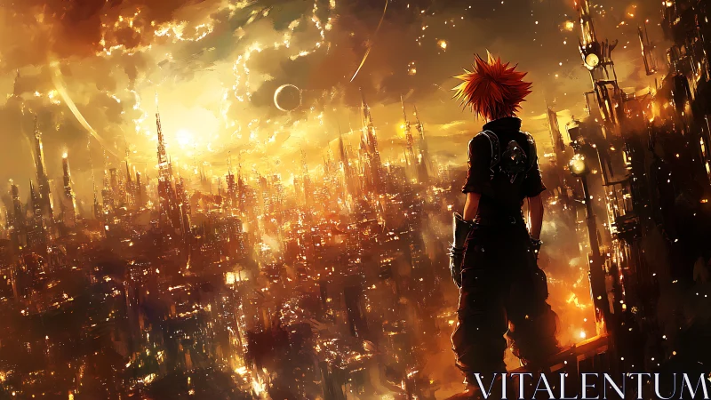 Lone anime figure overlooking glowing sci fi cityscape.