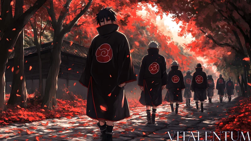 Scarlet leaves trail behind the silent cloaked procession