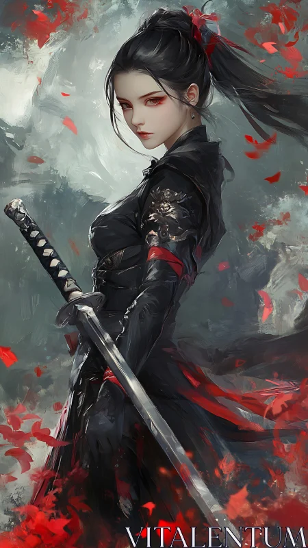 Warrior woman in black armor brandishes katana amid red petals