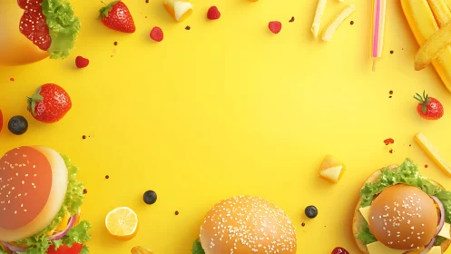 Color-saturated burger border with fries and fruit on yellow.