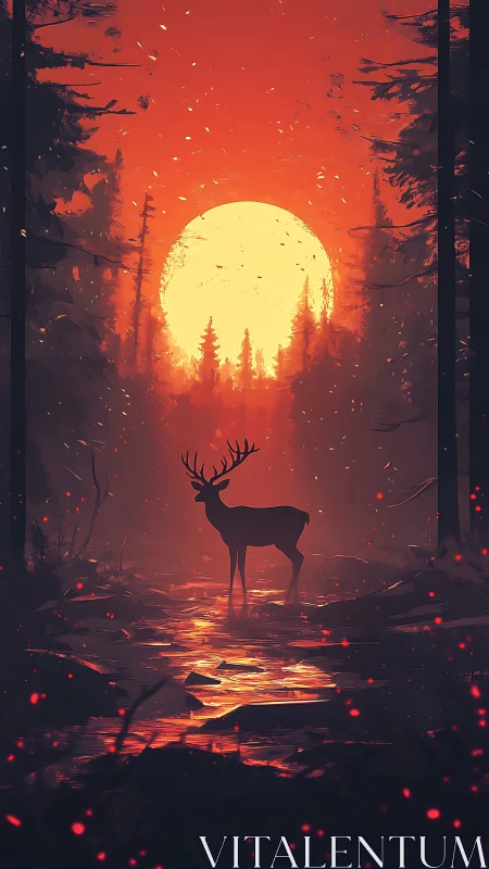 Stag silhouette stands in fiery red forest sunset glow.