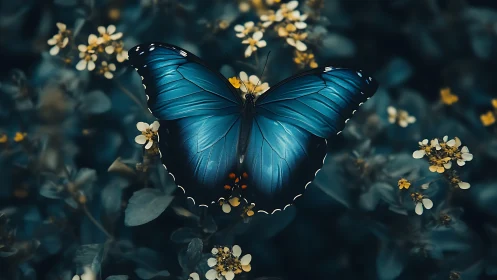 Blue butterfly rests with wings spread over small flowers