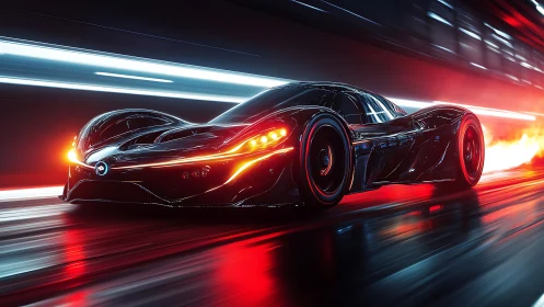 Futuristic black hypercar racing through neon tunnel.