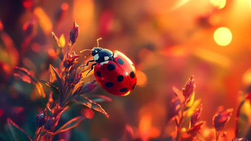 Ladybug macro on sunlit stems in vivid golden bokeh.