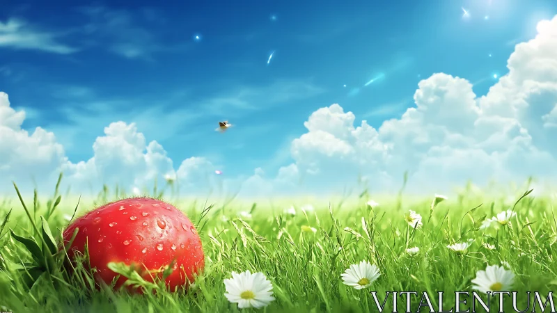 Glossy red apple anchors a hyperreal spring meadow vista